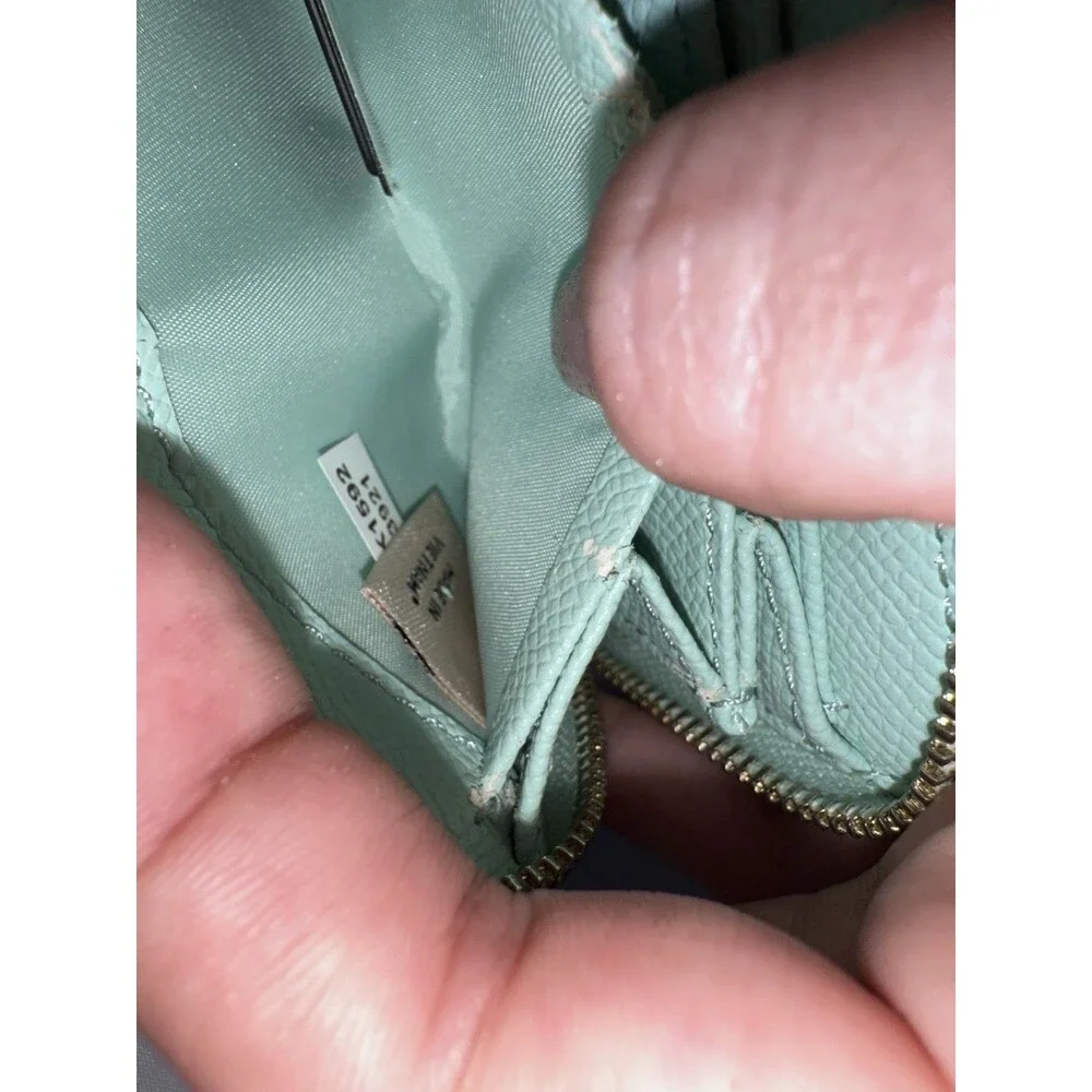 Coach Small Zip Around Pebbled Leather Wallet Card Holder Case Light Green Pool
